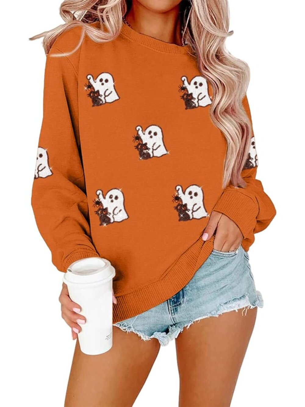 🆕 Women's Orange Ghost Black Cat Crewneck Halloween Spooky Fall Sweatshirt Top
